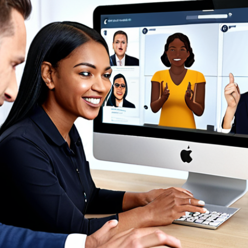 ** Diverse employees enthusiastically participating in an interactive online training session. Focus on engagement and modern learning tools like animation and gamification.

**